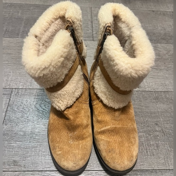 Ugg Womens Blayre Boot Chestnut Suede Block Moto Sherpa Heel Lug Bootie Size 8 - Picture 3 of 6